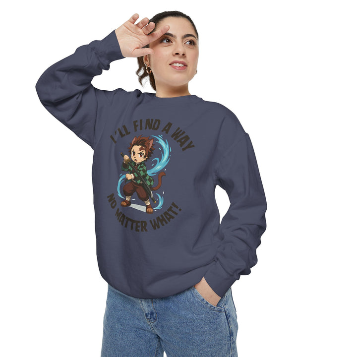 Motivational Unisex Sweatshirt with an Anime-Inspired Cat Demon Slayer and the Slogan "I'll Find a Way No Matter What Inspirational Gift Cozy Fashion Everyday Wear Unique Statement Piece