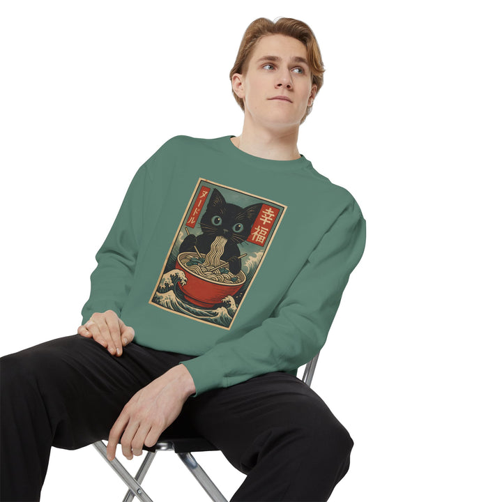 Japanese-Inspired Cat Sweatshirt Featuring a Black Cat Eating Ramen in a Classic Ukiyo-e Woodblock Art Style Cozy Unisex Sweater Cute Gift for Cat Lovers Casual Lounge Wear Perfect for Fall