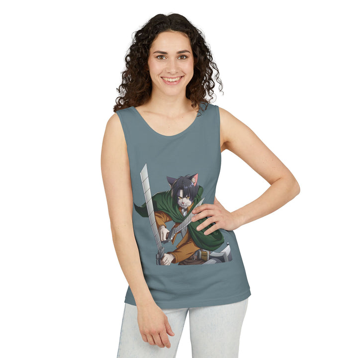 Anime Cat Warrior Tank Top, Unisex Graphic Tee, Cute Anime Apparel, Summer Fashion, Gift for Anime Fans