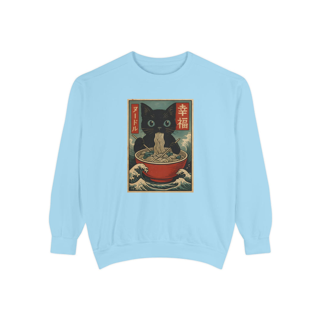 Japanese-Inspired Cat Sweatshirt Featuring a Black Cat Eating Ramen in a Classic Ukiyo-e Woodblock Art Style Cozy Unisex Sweater Cute Gift for Cat Lovers Casual Lounge Wear Perfect for Fall