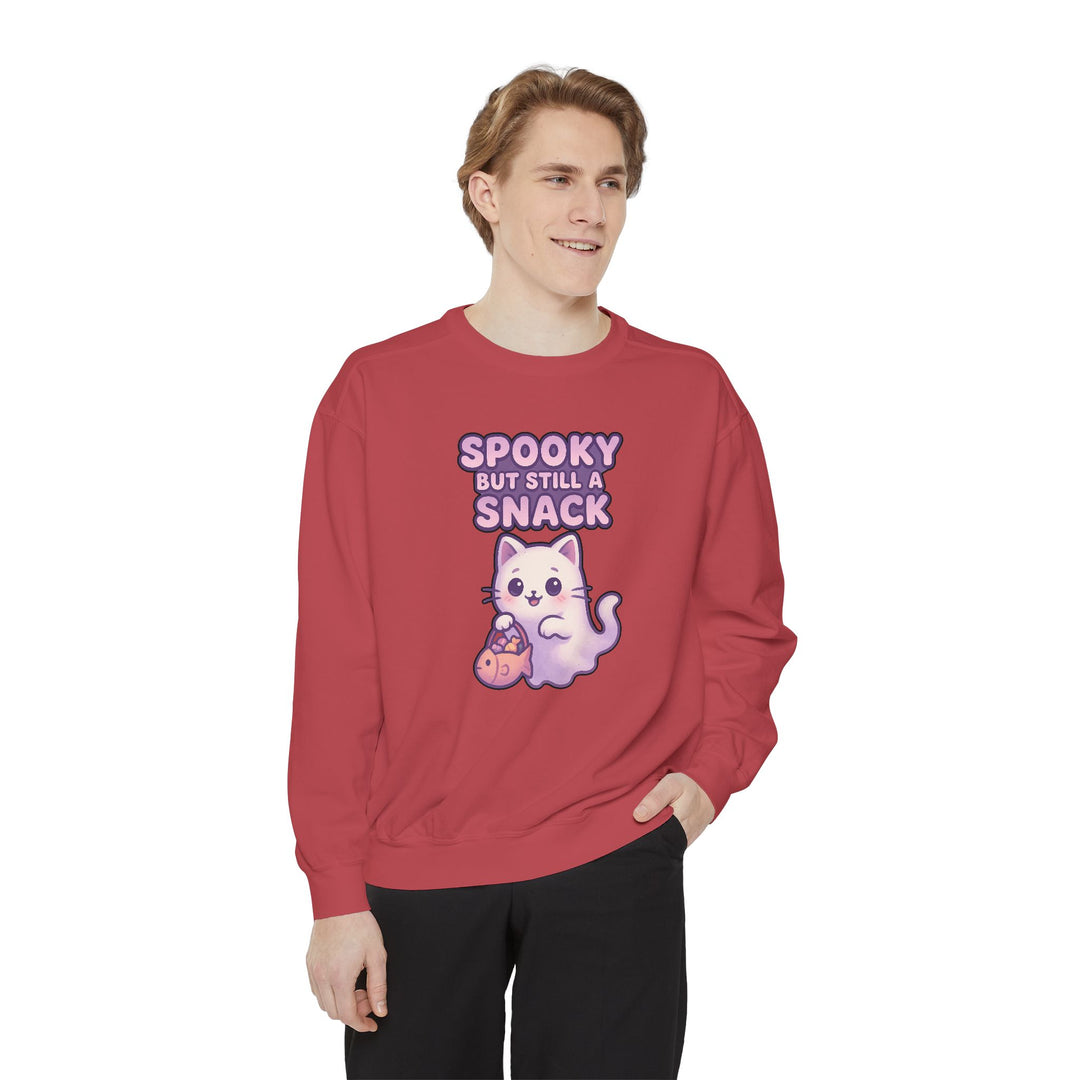 Spooky Snack Sweatshirt Featuring a Cute Ghost Cat Holding a Candy Basket with a Humorous Slogan