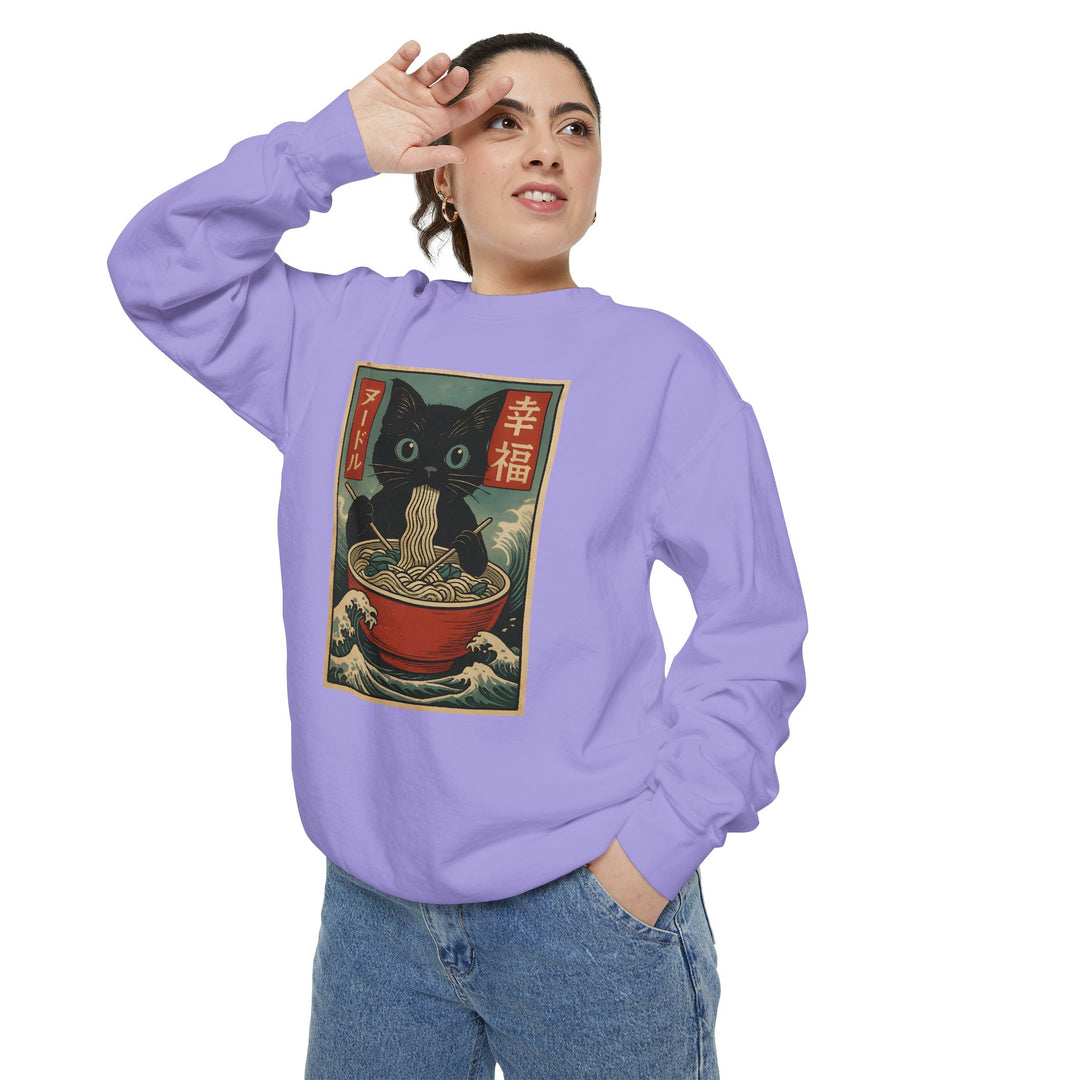 Japanese-Inspired Cat Sweatshirt Featuring a Black Cat Eating Ramen in a Classic Ukiyo-e Woodblock Art Style Cozy Unisex Sweater Cute Gift for Cat Lovers Casual Lounge Wear Perfect for Fall
