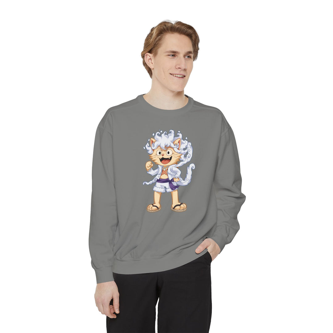 Cute Cat Character Sweatshirt Featuring a Whimsical Feline in a Cheerful Anime Inspired Pose for Fans of Unique Graphics Animal Lover Apparel Fun Fashion Casual Wear