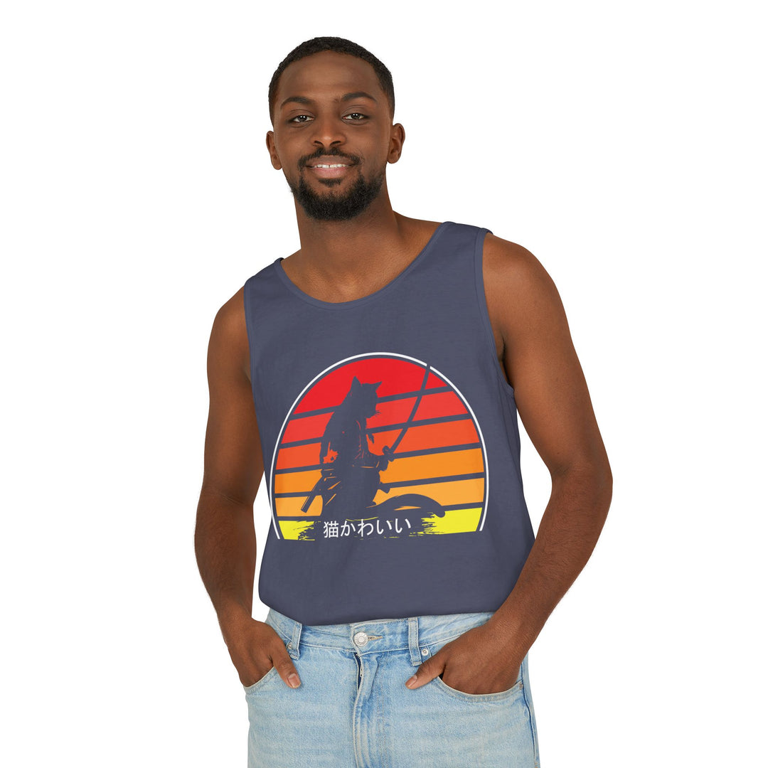 Sunset Cat Tank Top, Unisex Summer Top, Beachwear, Casual Workout Shirt, Gift for Cat Lovers
