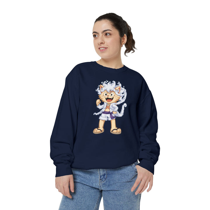 Cute Cat Character Sweatshirt Featuring a Whimsical Feline in a Cheerful Anime Inspired Pose for Fans of Unique Graphics Animal Lover Apparel Fun Fashion Casual Wear