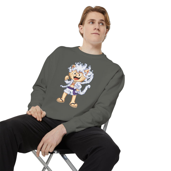Cute Cat Character Sweatshirt Featuring a Whimsical Feline in a Cheerful Anime Inspired Pose for Fans of Unique Graphics Animal Lover Apparel Fun Fashion Casual Wear