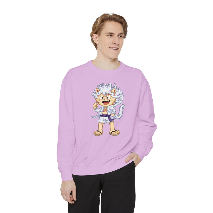 Cute Cat Character Sweatshirt Featuring a Whimsical Feline in a Cheerful Anime Inspired Pose for Fans of Unique Graphics Animal Lover Apparel Fun Fashion Casual Wear