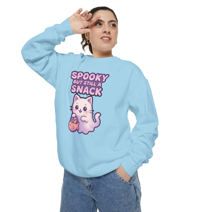 Spooky Snack Sweatshirt Featuring a Cute Ghost Cat Holding a Candy Basket with a Humorous Slogan