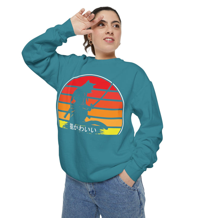 Sunset Samurai Sweatshirt | Cozy Unisex Garment-Dyed Pullover, Gift for Anime Lovers, Japanese Aesthetic Apparel, Fall Fashion, Casual Wear
