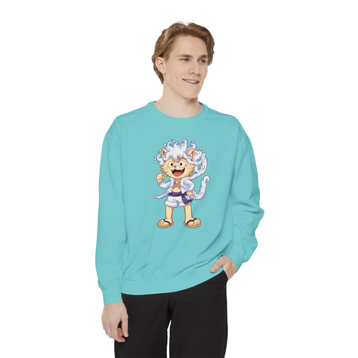 Cute Cat Character Sweatshirt Featuring a Whimsical Feline in a Cheerful Anime Inspired Pose for Fans of Unique Graphics Animal Lover Apparel Fun Fashion Casual Wear