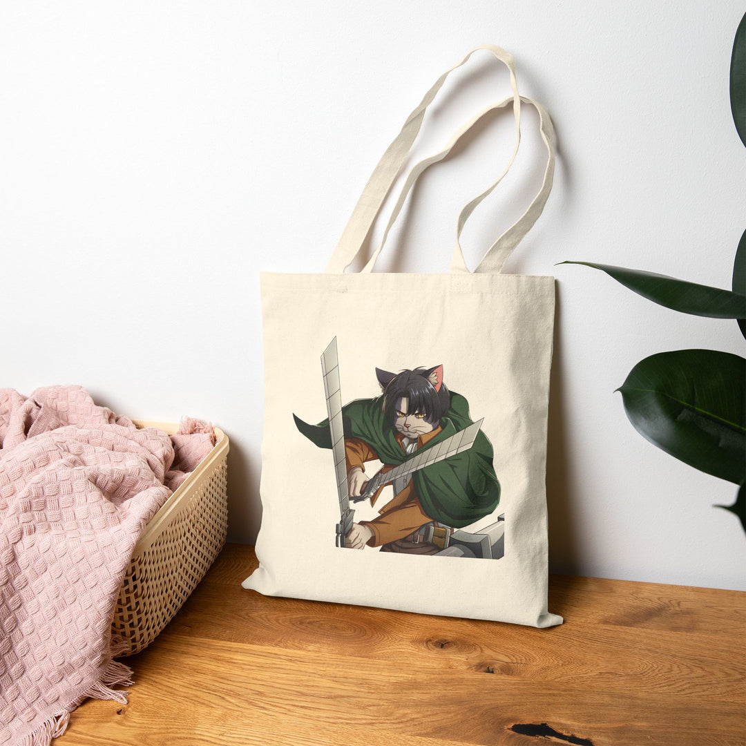 Cute Cat Warrior Cotton Canvas Tote Bag, Eco-Friendly Shopping Tote, Anime Tote, Cute Gift for Pet Lovers, Durable Shoulder Bag