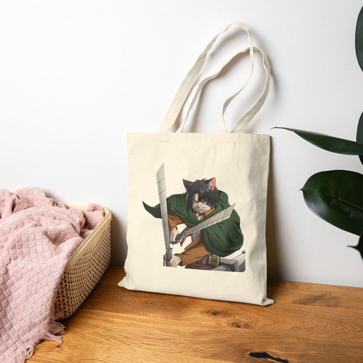 Cute Cat Warrior Cotton Canvas Tote Bag, Eco-Friendly Shopping Tote, Anime Tote, Cute Gift for Pet Lovers, Durable Shoulder Bag