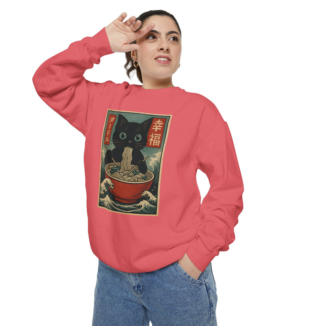 Japanese-Inspired Cat Sweatshirt Featuring a Black Cat Eating Ramen in a Classic Ukiyo-e Woodblock Art Style Cozy Unisex Sweater Cute Gift for Cat Lovers Casual Lounge Wear Perfect for Fall