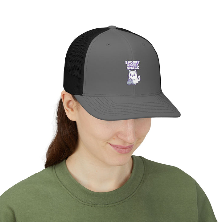Spooky Snack Snapback Trucker Cap | Funny Hat for Halloween, Cool Gift for Pet Lovers, Embroidered Cap, Casual Summer Accessory, Outdoor Cap