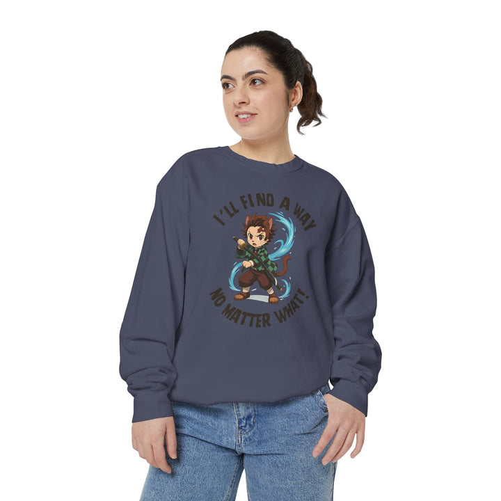 Motivational Unisex Sweatshirt with an Anime-Inspired Cat Demon Slayer and the Slogan "I'll Find a Way No Matter What Inspirational Gift Cozy Fashion Everyday Wear Unique Statement Piece