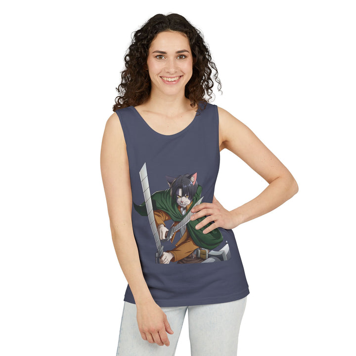 Anime Cat Warrior Tank Top, Unisex Graphic Tee, Cute Anime Apparel, Summer Fashion, Gift for Anime Fans