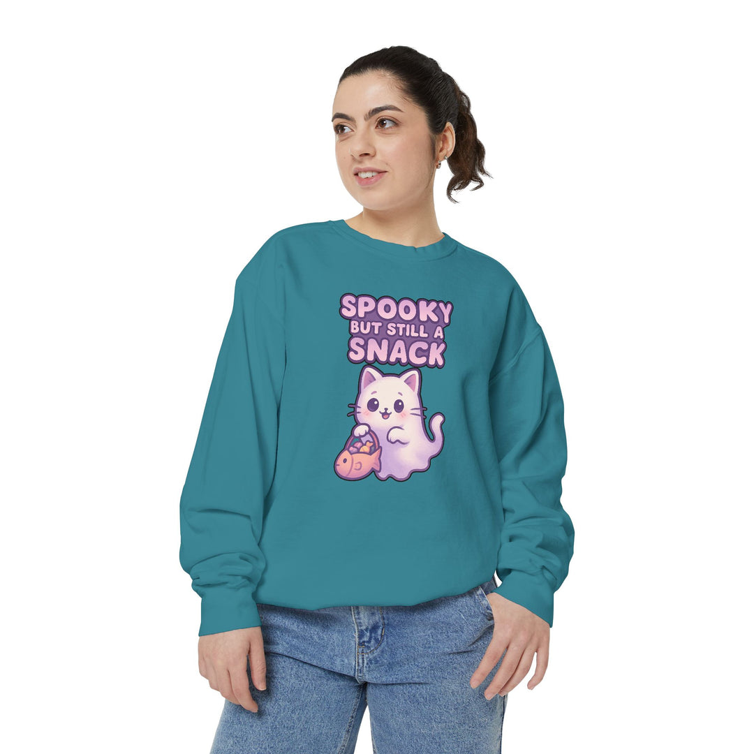 Spooky Snack Sweatshirt Featuring a Cute Ghost Cat Holding a Candy Basket with a Humorous Slogan