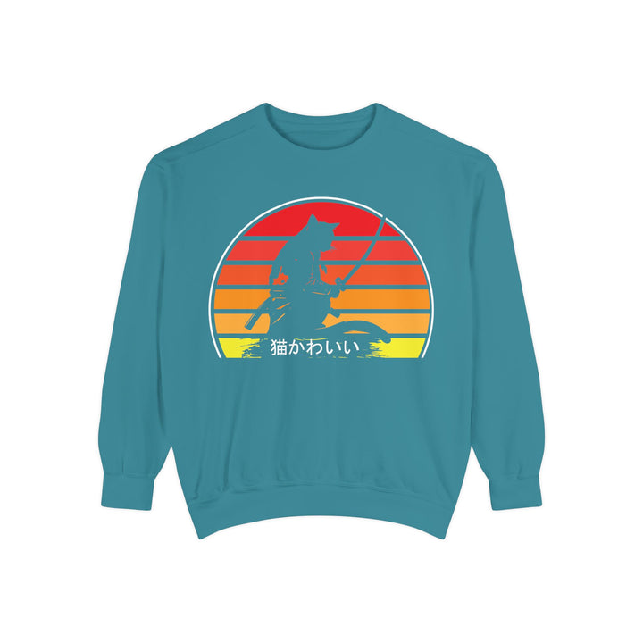 Sunset Samurai Sweatshirt | Cozy Unisex Garment-Dyed Pullover, Gift for Anime Lovers, Japanese Aesthetic Apparel, Fall Fashion, Casual Wear