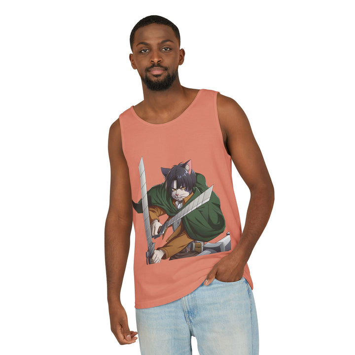 Anime Cat Warrior Tank Top, Unisex Graphic Tee, Cute Anime Apparel, Summer Fashion, Gift for Anime Fans