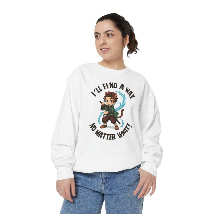 Motivational Unisex Sweatshirt with an Anime-Inspired Cat Demon Slayer and the Slogan "I'll Find a Way No Matter What Inspirational Gift Cozy Fashion Everyday Wear Unique Statement Piece