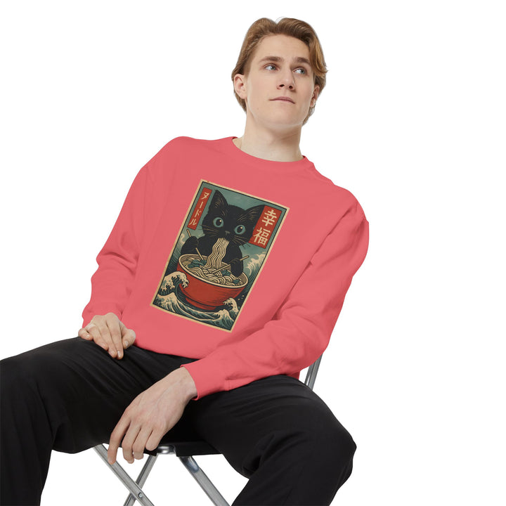 Japanese-Inspired Cat Sweatshirt Featuring a Black Cat Eating Ramen in a Classic Ukiyo-e Woodblock Art Style Cozy Unisex Sweater Cute Gift for Cat Lovers Casual Lounge Wear Perfect for Fall