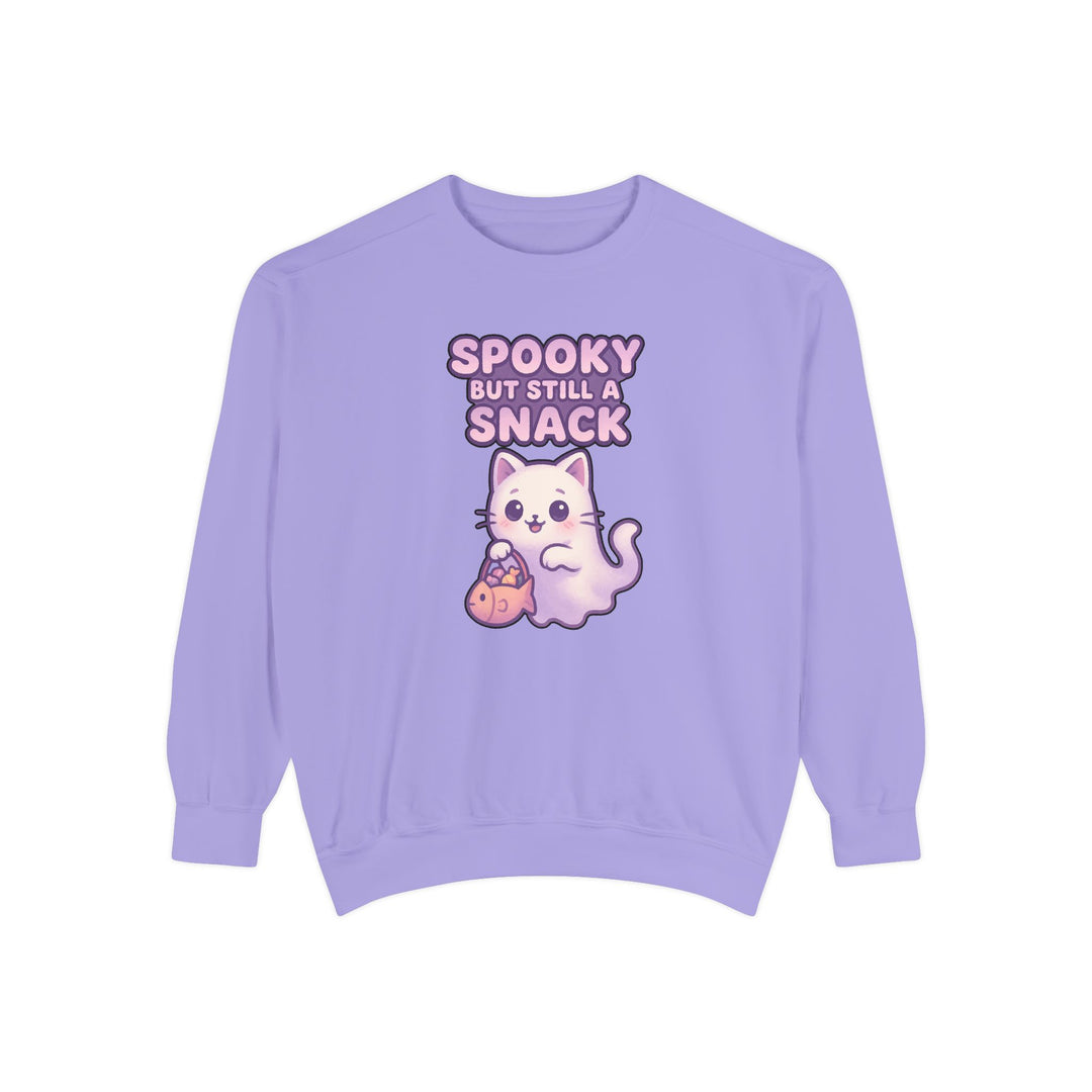 Spooky Snack Sweatshirt Featuring a Cute Ghost Cat Holding a Candy Basket with a Humorous Slogan