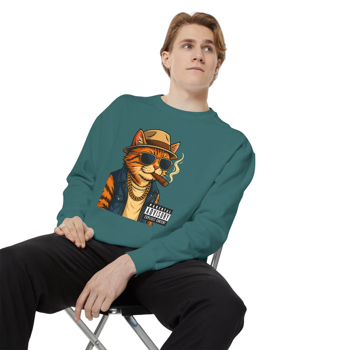 Cool Cat Vintage Sweatshirt with a Black Cat Eating Ramen in a Japanese Ukiyo-e Woodblock Art Style