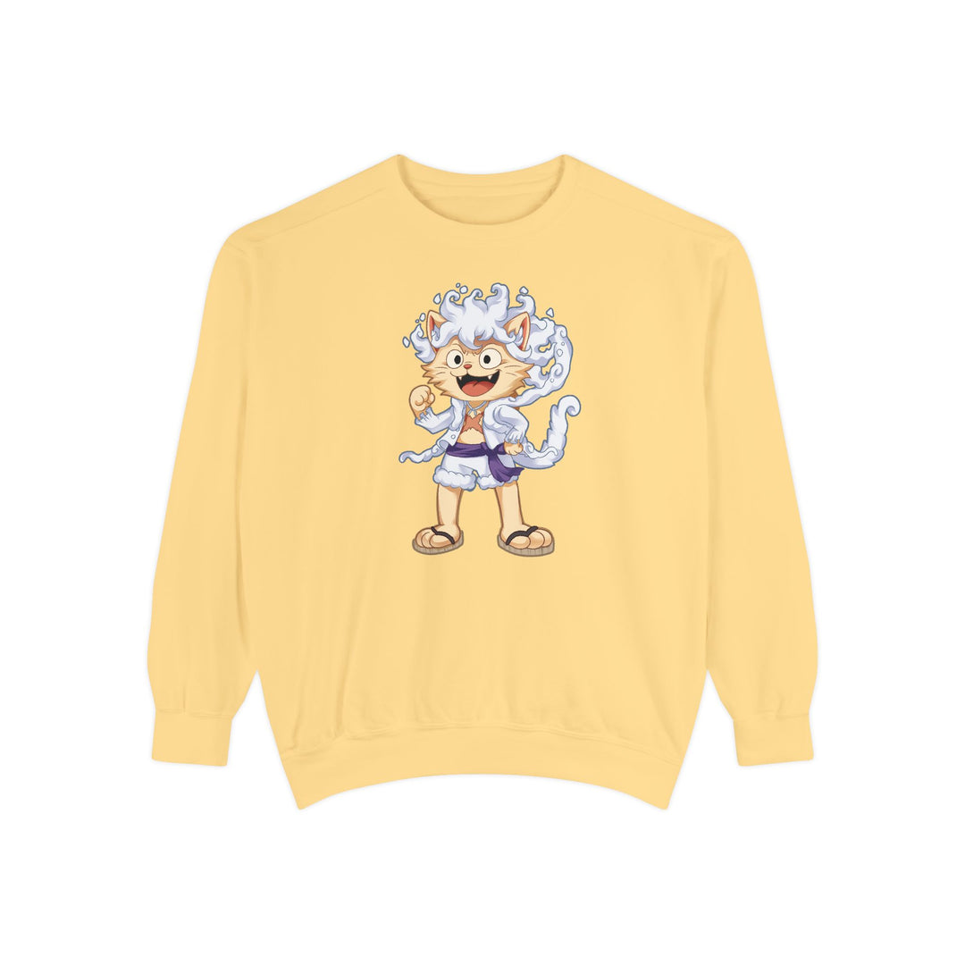 Cute Cat Character Sweatshirt Featuring a Whimsical Feline in a Cheerful Anime Inspired Pose for Fans of Unique Graphics Animal Lover Apparel Fun Fashion Casual Wear