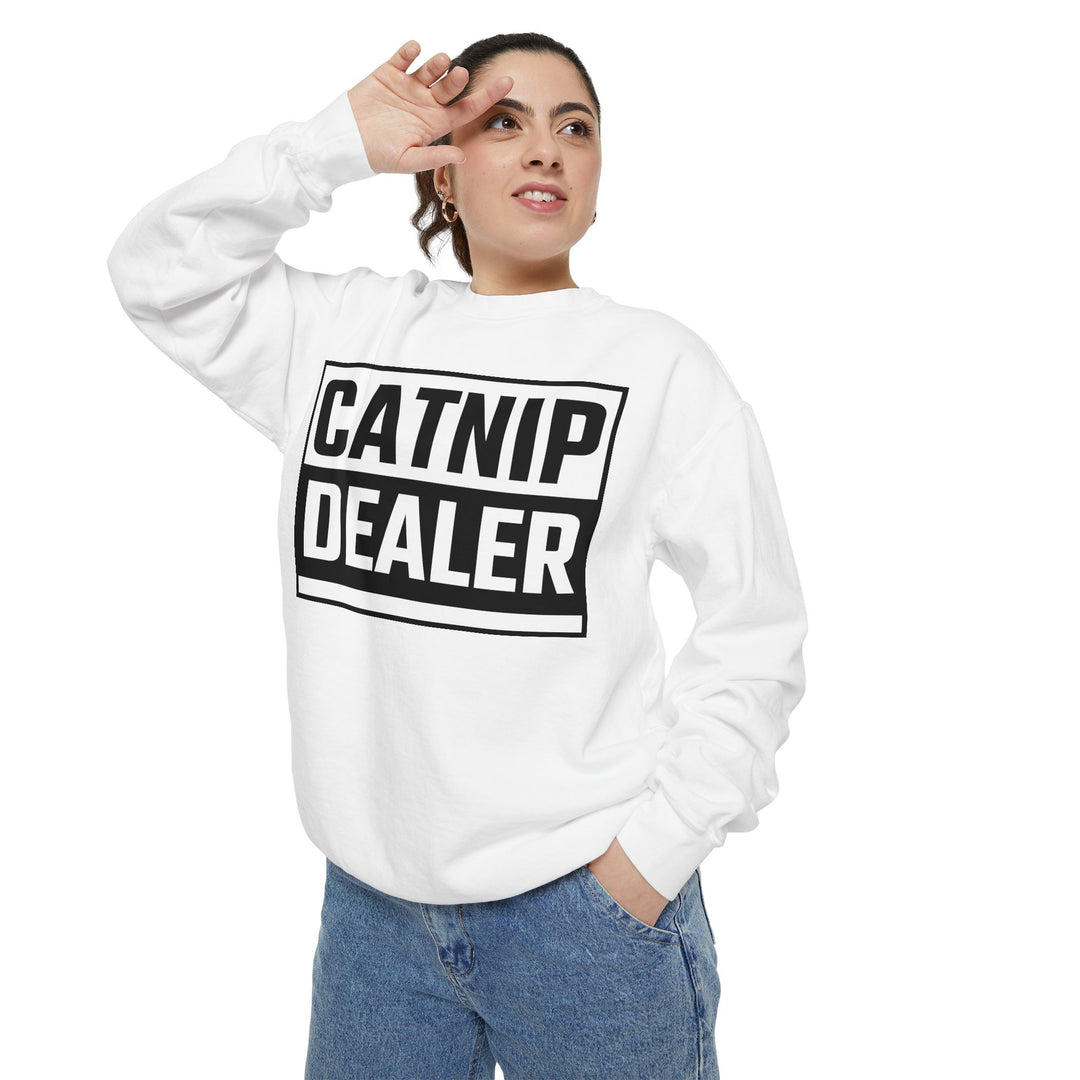 Catnip Dealer Sweatshirt Featuring a Bold and Humorous Black and White Typographic Design for Cat Lovers and Pet Owners Perfect Gift for Cat Parents Unisex Sweater for Every Season