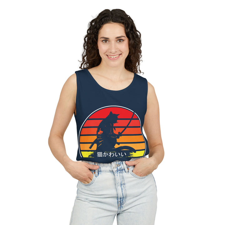 Sunset Cat Tank Top, Unisex Summer Top, Beachwear, Casual Workout Shirt, Gift for Cat Lovers