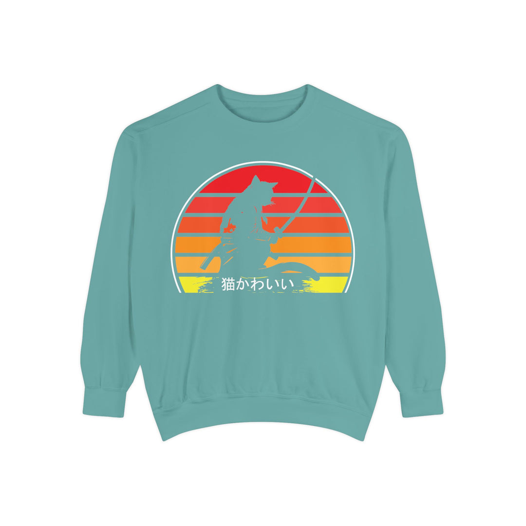 Sunset Samurai Sweatshirt | Cozy Unisex Garment-Dyed Pullover, Gift for Anime Lovers, Japanese Aesthetic Apparel, Fall Fashion, Casual Wear