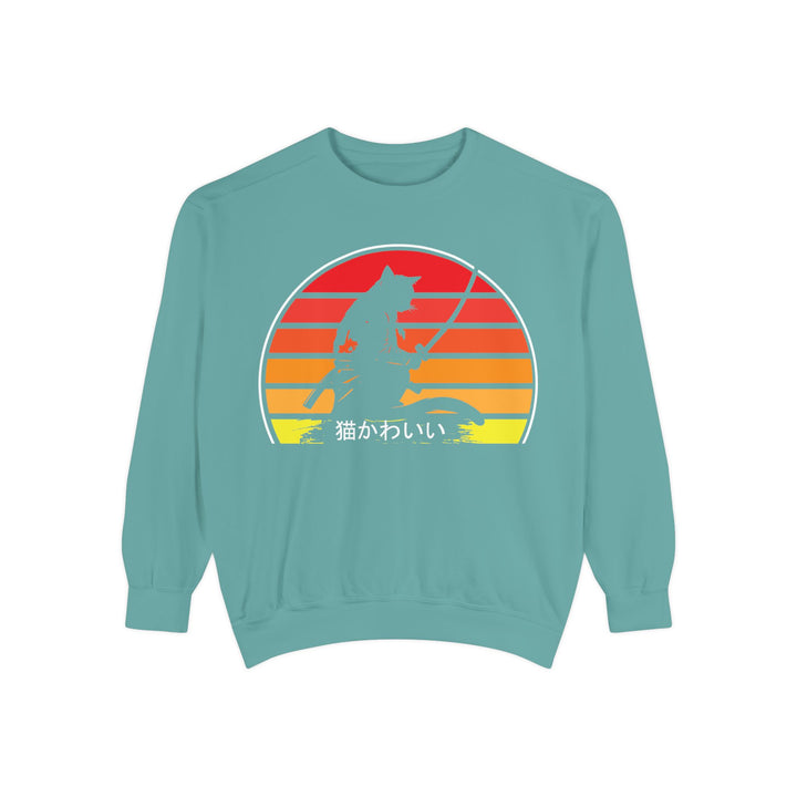 Sunset Samurai Sweatshirt | Cozy Unisex Garment-Dyed Pullover, Gift for Anime Lovers, Japanese Aesthetic Apparel, Fall Fashion, Casual Wear
