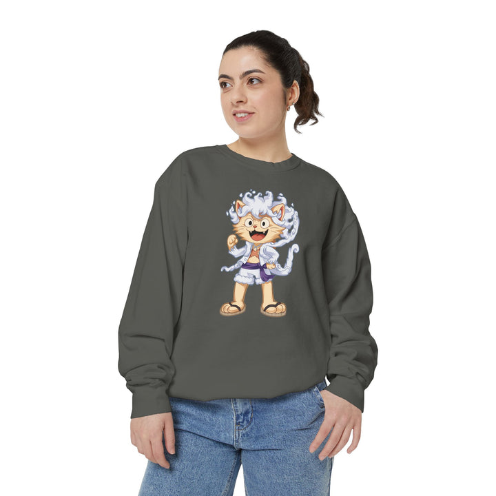 Cute Cat Character Sweatshirt Featuring a Whimsical Feline in a Cheerful Anime Inspired Pose for Fans of Unique Graphics Animal Lover Apparel Fun Fashion Casual Wear