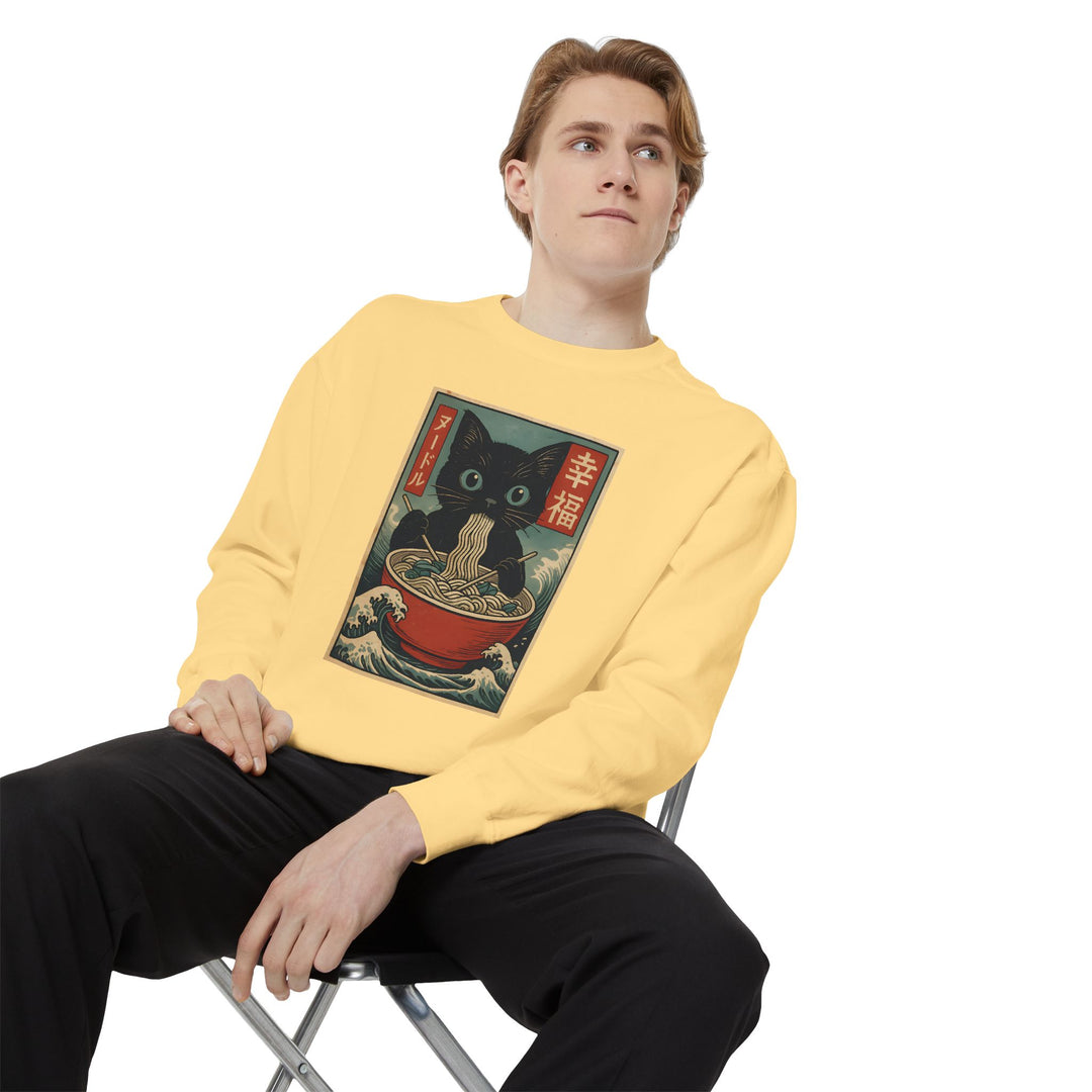 Japanese-Inspired Cat Sweatshirt Featuring a Black Cat Eating Ramen in a Classic Ukiyo-e Woodblock Art Style Cozy Unisex Sweater Cute Gift for Cat Lovers Casual Lounge Wear Perfect for Fall