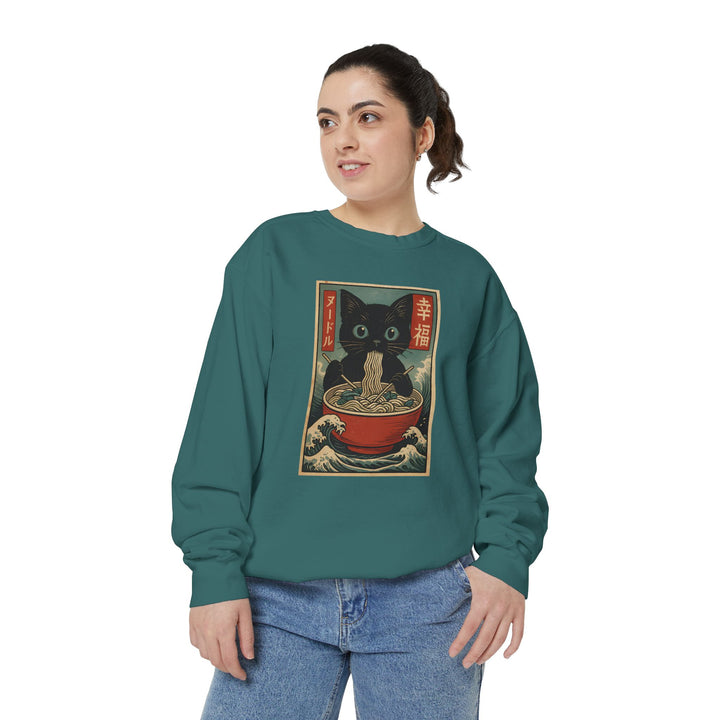 Japanese-Inspired Cat Sweatshirt Featuring a Black Cat Eating Ramen in a Classic Ukiyo-e Woodblock Art Style Cozy Unisex Sweater Cute Gift for Cat Lovers Casual Lounge Wear Perfect for Fall