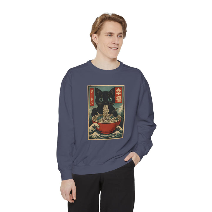 Japanese-Inspired Cat Sweatshirt Featuring a Black Cat Eating Ramen in a Classic Ukiyo-e Woodblock Art Style Cozy Unisex Sweater Cute Gift for Cat Lovers Casual Lounge Wear Perfect for Fall