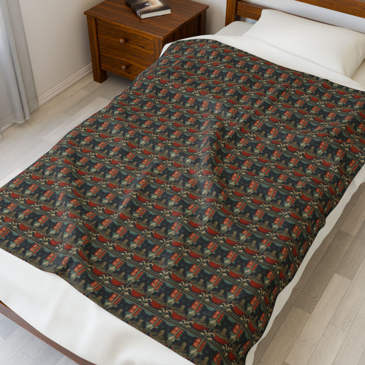 Velveteen Plush Blanket Featuring a Repeating Pattern of a Black Cat Eating Ramen in Ukiyo-e Style