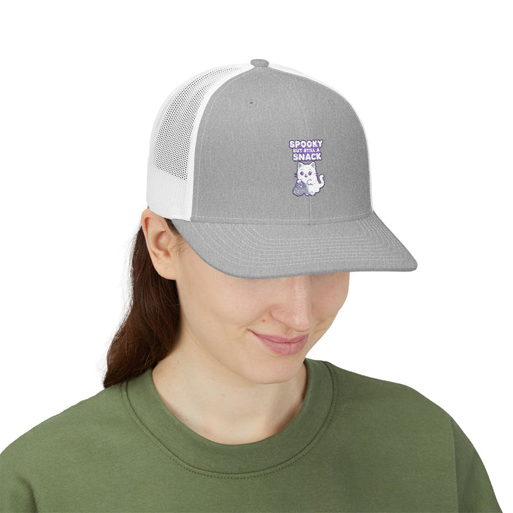 Spooky Snack Snapback Trucker Cap | Funny Hat for Halloween, Cool Gift for Pet Lovers, Embroidered Cap, Casual Summer Accessory, Outdoor Cap