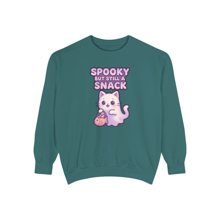Spooky Snack Sweatshirt Featuring a Cute Ghost Cat Holding a Candy Basket with a Humorous Slogan