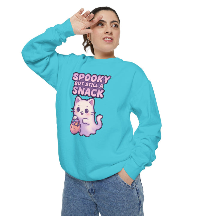 Spooky Snack Sweatshirt Featuring a Cute Ghost Cat Holding a Candy Basket with a Humorous Slogan