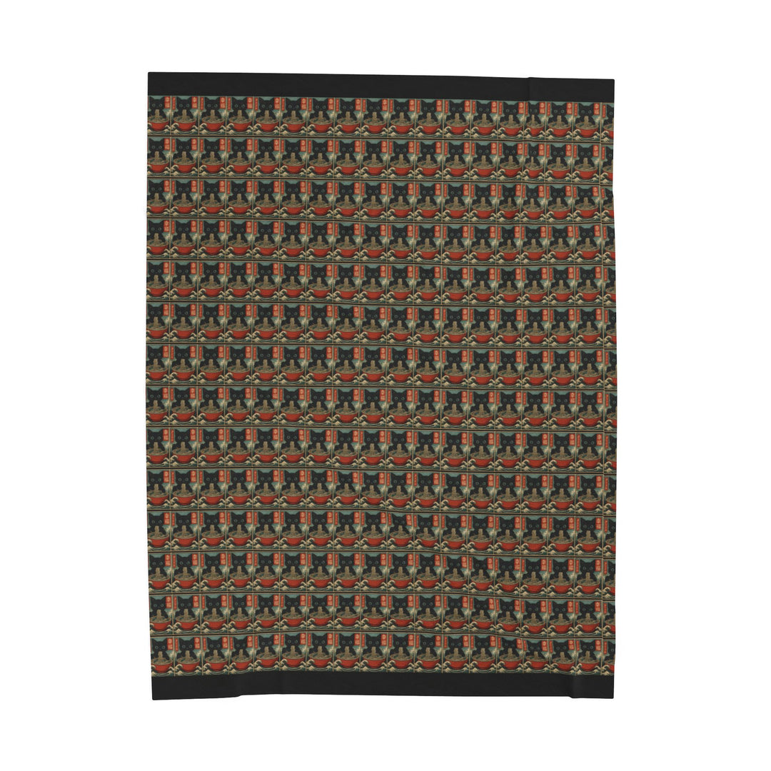Velveteen Plush Blanket Featuring a Repeating Pattern of a Black Cat Eating Ramen in Ukiyo-e Style