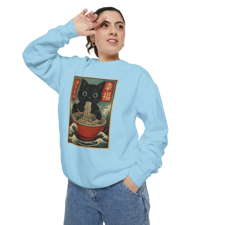 Japanese-Inspired Cat Sweatshirt Featuring a Black Cat Eating Ramen in a Classic Ukiyo-e Woodblock Art Style Cozy Unisex Sweater Cute Gift for Cat Lovers Casual Lounge Wear Perfect for Fall