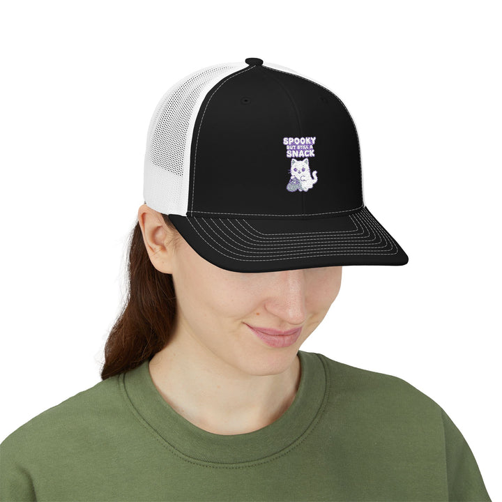 Spooky Snack Snapback Trucker Cap | Funny Hat for Halloween, Cool Gift for Pet Lovers, Embroidered Cap, Casual Summer Accessory, Outdoor Cap