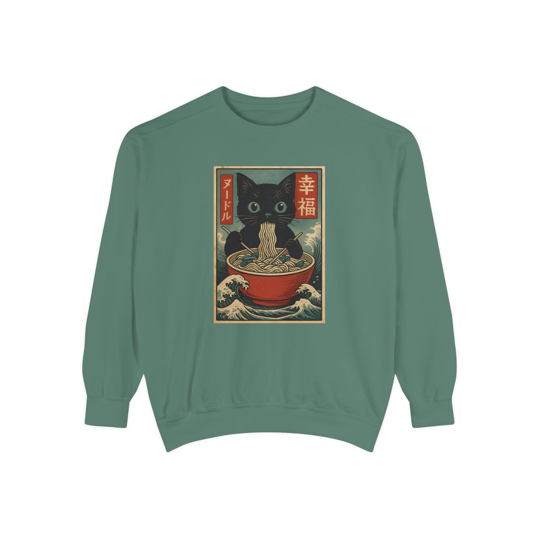 Japanese-Inspired Cat Sweatshirt Featuring a Black Cat Eating Ramen in a Classic Ukiyo-e Woodblock Art Style Cozy Unisex Sweater Cute Gift for Cat Lovers Casual Lounge Wear Perfect for Fall