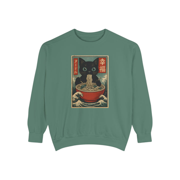 Japanese-Inspired Cat Sweatshirt Featuring a Black Cat Eating Ramen in a Classic Ukiyo-e Woodblock Art Style Cozy Unisex Sweater Cute Gift for Cat Lovers Casual Lounge Wear Perfect for Fall