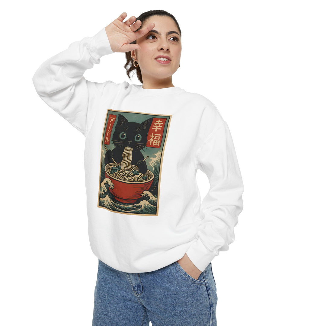 Japanese-Inspired Cat Sweatshirt Featuring a Black Cat Eating Ramen in a Classic Ukiyo-e Woodblock Art Style Cozy Unisex Sweater Cute Gift for Cat Lovers Casual Lounge Wear Perfect for Fall