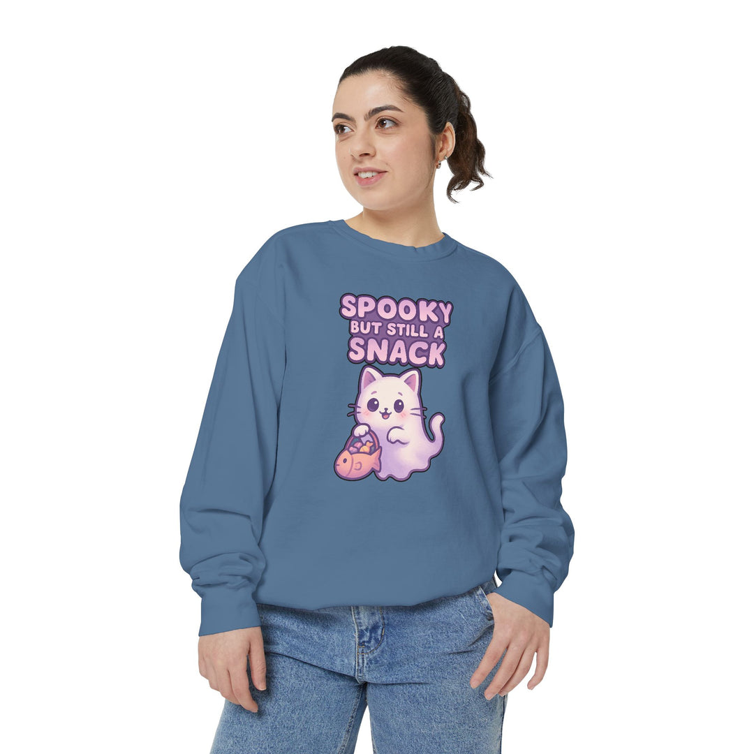 Spooky Snack Sweatshirt Featuring a Cute Ghost Cat Holding a Candy Basket with a Humorous Slogan