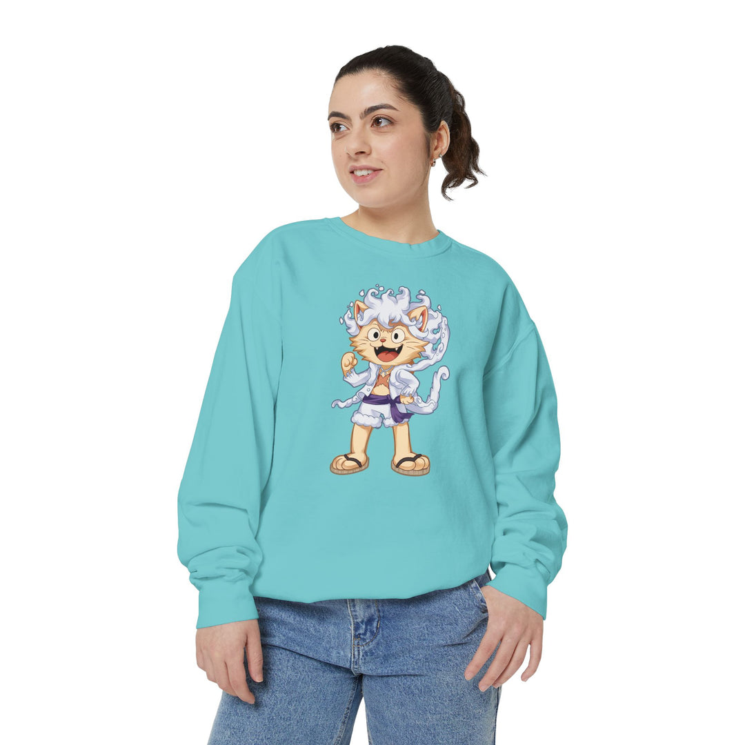 Cute Cat Character Sweatshirt Featuring a Whimsical Feline in a Cheerful Anime Inspired Pose for Fans of Unique Graphics Animal Lover Apparel Fun Fashion Casual Wear