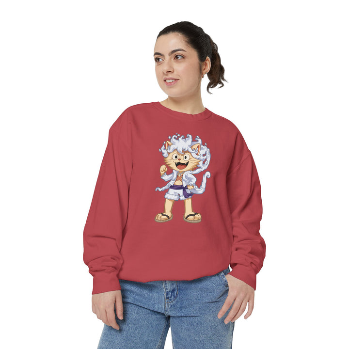 Cute Cat Character Sweatshirt Featuring a Whimsical Feline in a Cheerful Anime Inspired Pose for Fans of Unique Graphics Animal Lover Apparel Fun Fashion Casual Wear