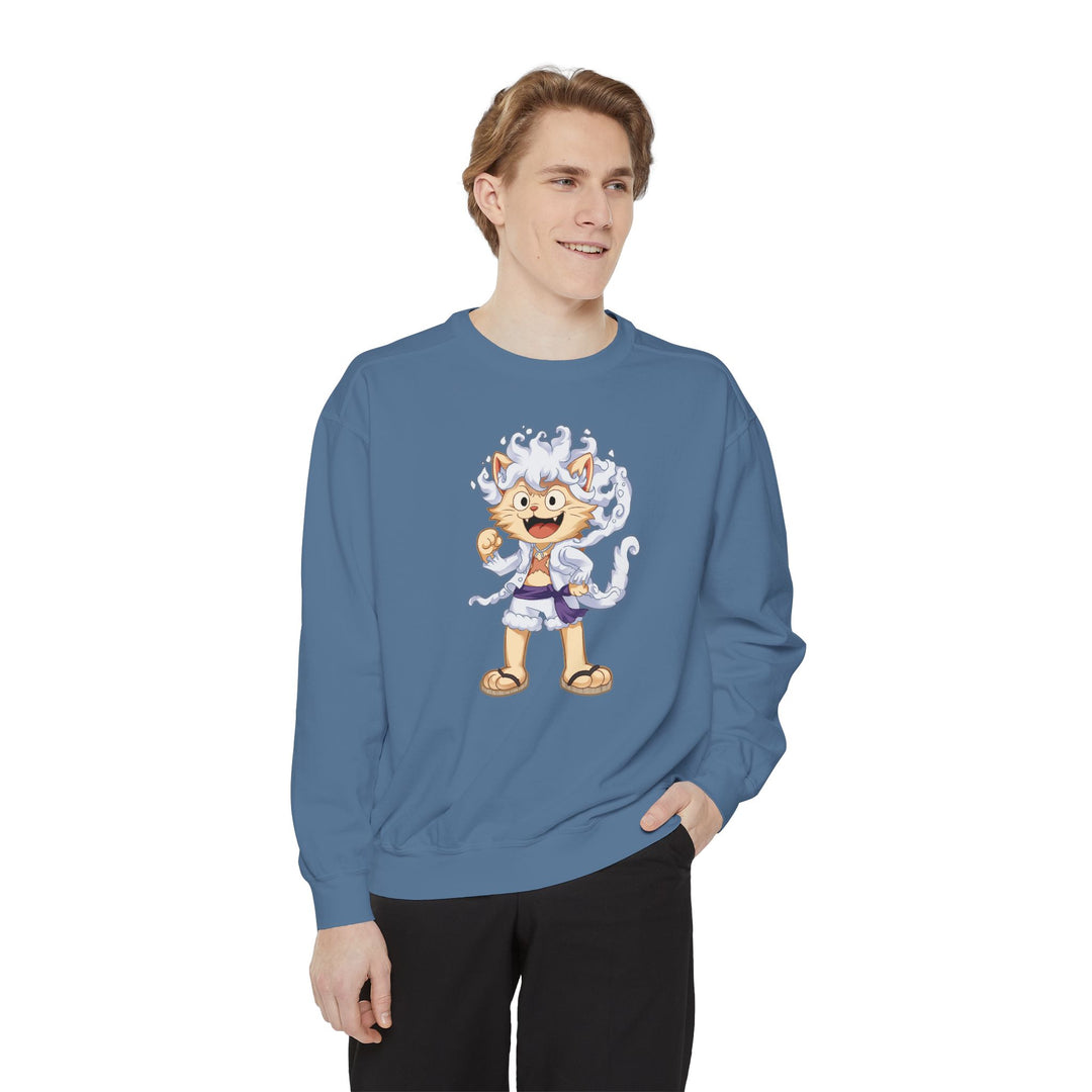Cute Cat Character Sweatshirt Featuring a Whimsical Feline in a Cheerful Anime Inspired Pose for Fans of Unique Graphics Animal Lover Apparel Fun Fashion Casual Wear